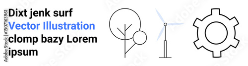 Minimalist wind turbine, tree, and gear representing renewable energy, nature conservation, and technology. Ideal for sustainability, energy, development, ecology clean tech green innovation