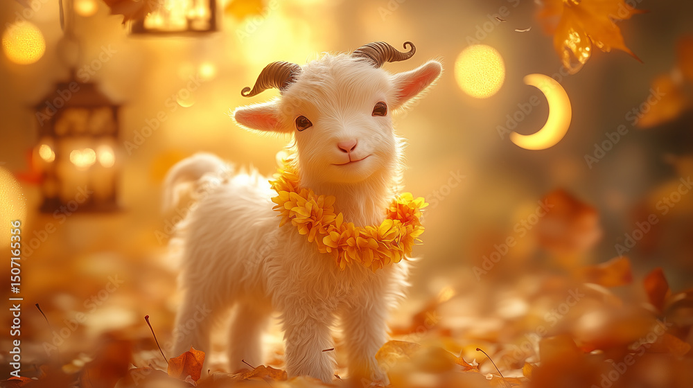 Fototapeta premium White goat with flower garland in fantasy autumn scene