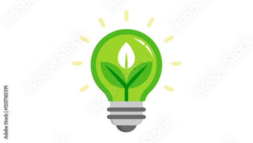 EnergyEfficient Light Bulb A glowing LED light bulb surrounded by a green leaf motif symbolizing reduced energy consumption and sustainability.