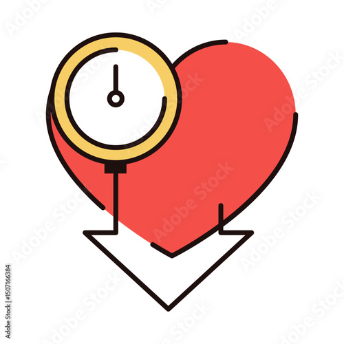 Low blood pressure icon vector isolated. Flat illustration of a device for pressure measurement, heart and the arrow going down. Heart illness, low blood pressure. Medical instrument.
