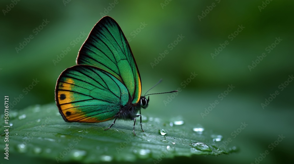 Obraz premium Colorful Butterfly Perched on Fresh Green Leaf