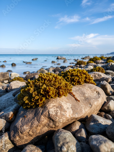 Fucus seaweed on rocks on the beach at low tide in the White Sea