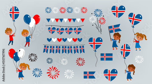  Icon set of Icelandic National Day. Happy children from  Icelandic celebrating with balloons, flag, garlands and fireworks. cartoon flat vector illustration
