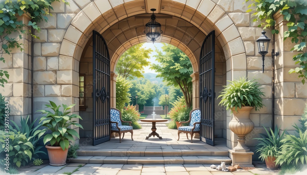 Fototapeta premium Charming Mediterranean courtyard with wrought iron gate, elegant chairs, and lush garden plants in terracotta pots. Serene outdoor setting ideal for relaxation, romance, or luxury lifestyle themes.