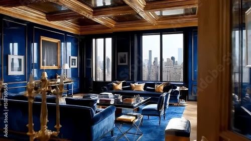 Elegant city apartment interior with gold accents and stunning skyline view perfect for luxury living
