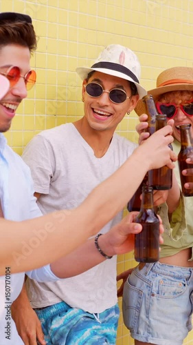 Diverse young friends sharing laughing moments, toasting beer bottles against vibrant yellow wall during sunny summer day outdoors