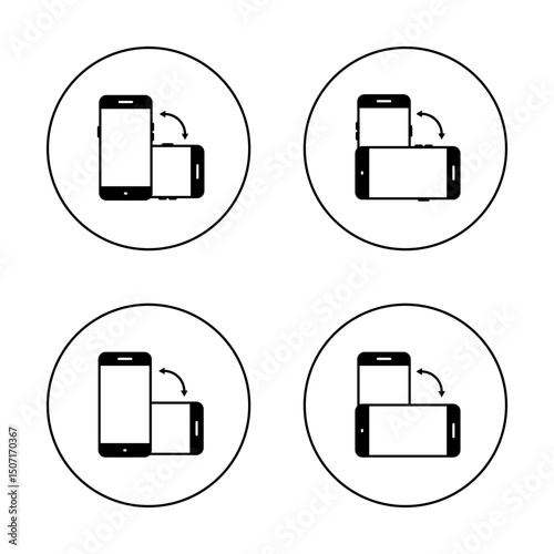 Auto rotate mobile phone icon set on circle line. Smartphone rotation sign symbol
