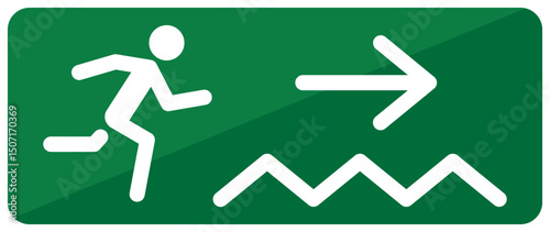 Emergency Exit Sign Running Figure with Downward Sloping Arrow