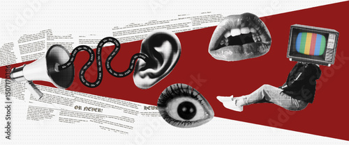 Halftone surreal social media news collage megaphone, ear, eye, mouth, TV-head person symbolizing information overload and disinformation. Vector illustration for banners, posters, social networks.