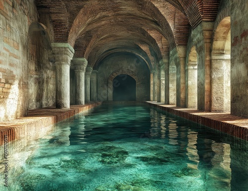 an underground, ancient Roman bathhouse, with water reflecting the stone walls and arches. The pool is filled with clear, green waters that reflect light from above.