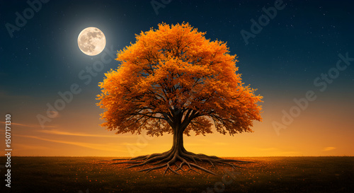 Spectacular Autumnal Scene: Tree Under a Full Moon and Starry Night Sky