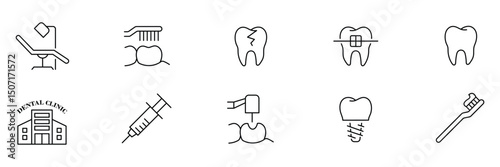 Dental equipment and oral treatment procedure outline icon vector illustration set with implant injection braces cleaning surgery care hygiene clinic health.