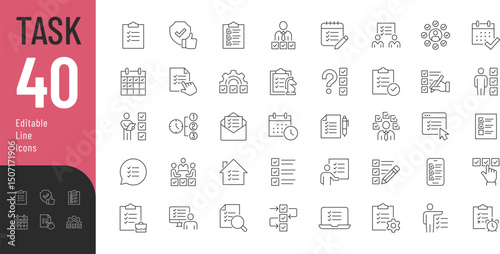 Task Line Editable Icons set. Vector illustration in modern thin line style of job management related icons: to do list, checkbox, planning, and more. Isolated on transparent background.