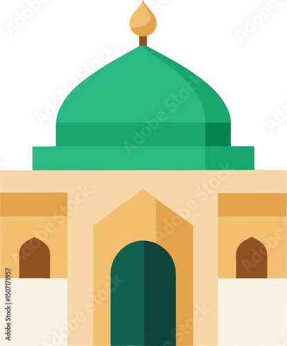 Flat Style Islamic Mosque Illustration with Green Dome and Arched Doorways