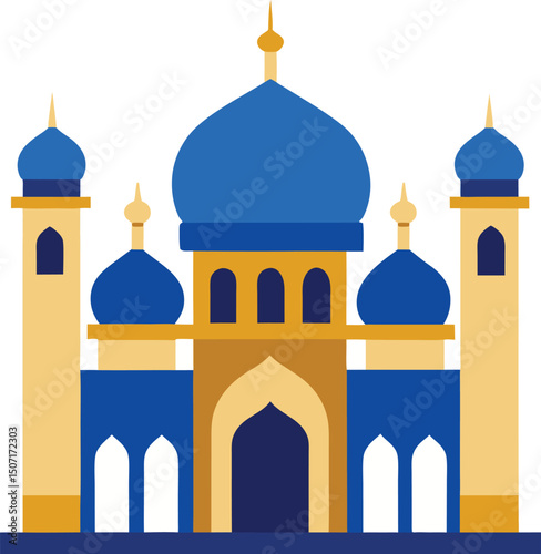 Flat Vector Mosque Illustration with Blue Domes and Golden Decorative Minarets