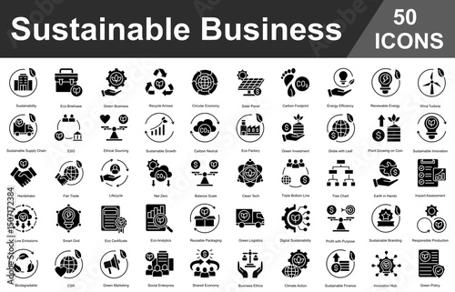 Sustainable Business Editable Icons set. Vector illustration in modern thin glyph style of business related icons	