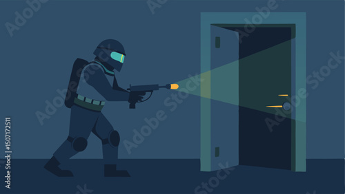 Breach Point An illustration showing a SWAT officer using a mechanical tool to breach a door with a flashlight illuminating the dark interior of the building.