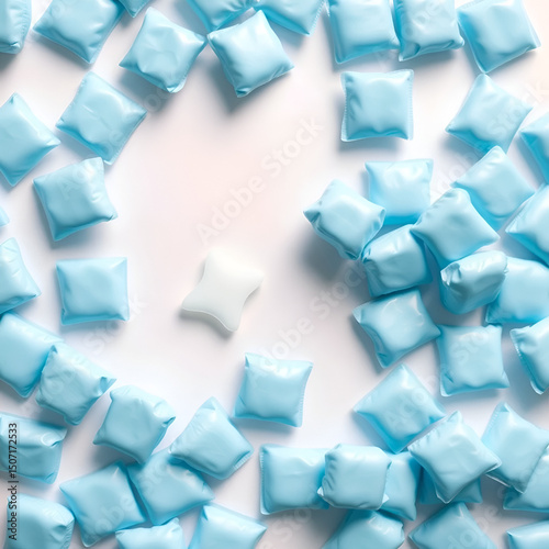 Many light blue cough drops on white background, top view