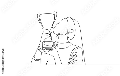 Continuous one line drawing female athlete wearing jersey kissing trophy after winning, Proud achievement. Dynamic one line draw graphic design vector illustration.