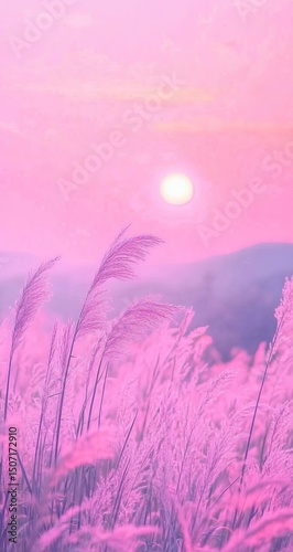 Sunset, light pink sky, light yellow grass in the foreground, blurred landscape background, mobile phone wallpaper