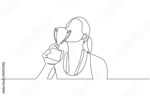 Continuous one line drawing female athlete wearing jersey kissing trophy after winning, Proud achievement. Dynamic one line draw graphic design vector illustration.