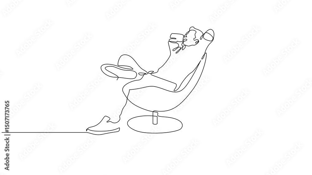 Continuous line drawing of Young man relaxing in armchair, One line drawing. Young man relaxing in armchair, sitting. Vector illustration. Continuous line drawing of Young man relaxing in armchair, One line drawing. Young man relaxing in armchair, sitting. Vector illustration.