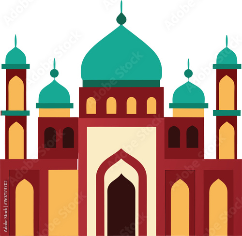 Stylized Flat Vector Illustration of an Islamic Mosque with Multiple Domes and Minarets