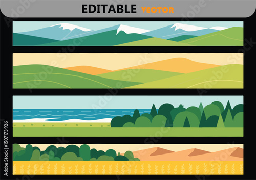 Four horizontal landscape banners mountains hills ocean desert
