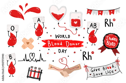 Cute set celebration happy international world blood donor day type transfusion volunteer charity save life confetti doodle kids crayon watercolor illustration clipart sticker design