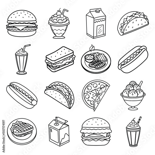 Set of fast food likes pizza, hot dog, roll, cup cake, onion ring, french fries, cane, chocolate, burger,cupcake, milkshake line art vector illustration on white background.