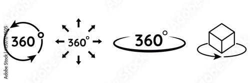 360 degree rotation view icon vector illustration set for user interface virtual tour panorama VR motion spin navigation design.