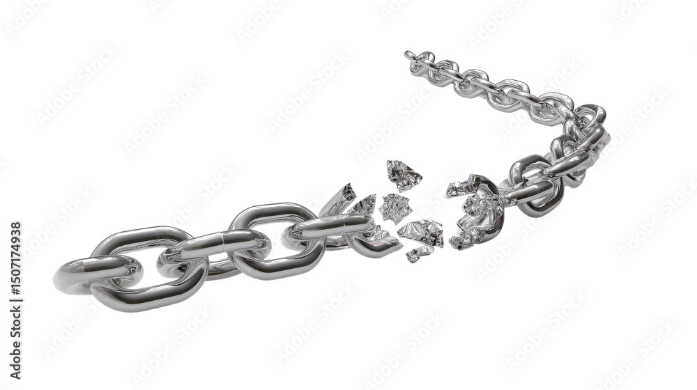 Obraz premium Breaking Free: A metallic chain lies fragmented, its links shattered, symbolizing liberation and breaking through adversity.