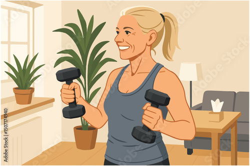 middle aged woman exercise dumbbell home woman smiling lifting dumbbells home promoting fitness health active lifestyle illustration clipart