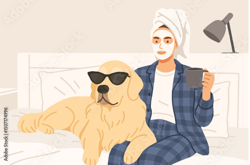 beautiful girl does spa treatments has fun with her dog bed morning young woman facial strokes dog bedroom illustration clipart