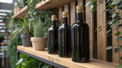 Dark Glass Bottles with Cork Lids on Wooden Shelf with Green Plants focus only Dark Glass Bottles