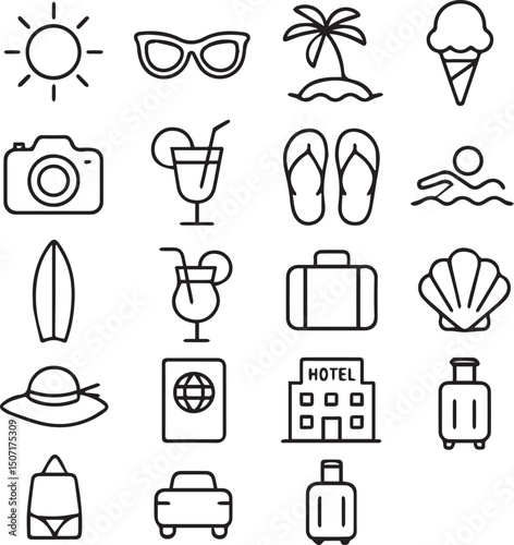 Summer set of web icons in line style. Summer vacation icons for web and mobile app. Travel, beach, tourism, summer holidays, hotel, relax, beach, luggage, passport, sunglasses. Vector illustration wi
