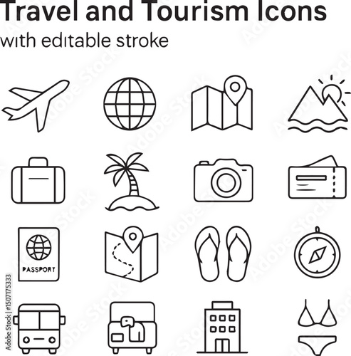 Travel and Tourism icon set with editable stroke. Travel and vacation thin line icon collection. Vector illustration with white background