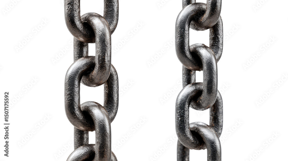 Fototapeta premium Steel Chain Links: Close-up of two parallel sturdy steel chains, showcasing the interlocking links and metallic texture. Perfect for concepts related to strength, connection, and security.