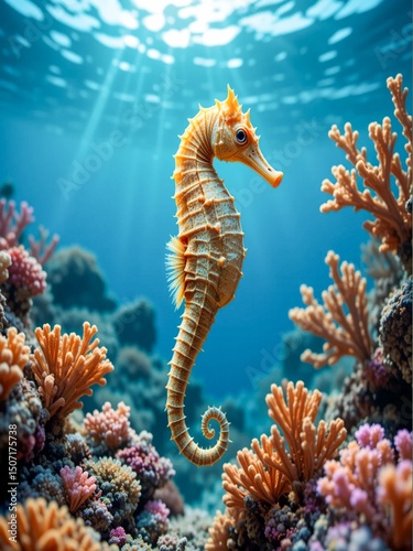 a seahorse and some coral reefs on the seabed