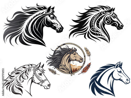 Elegant Tribal Horse Head Vector Illustration – Black and White Art Design