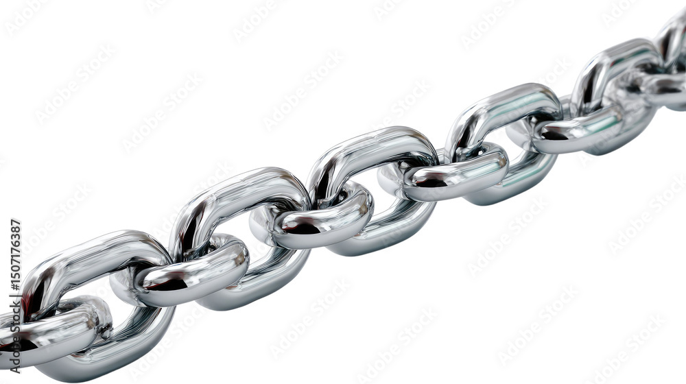 Fototapeta premium Close-up of Metal Chain: A detailed close-up shot of a gleaming, silver metal chain, showcasing its robust links and polished finish. The chain's interlocked structure is the primary focus.