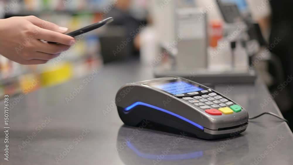 Person uses smartphone for wireless payment at modern point of sale terminal