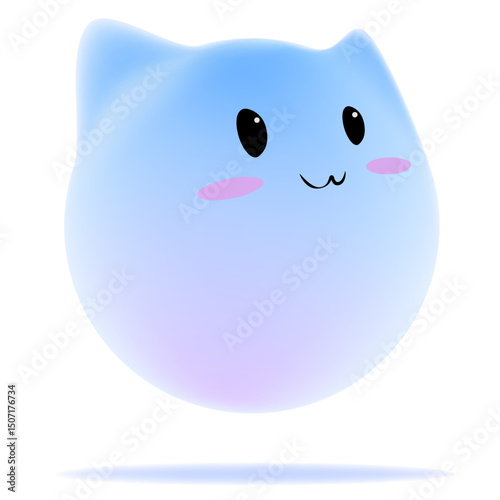 Cute Blue Fluffy Cat Character Illustration with Kawaii Face on White Background
