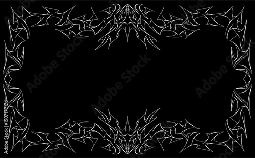 Neo Tribal frame. Cyber sigilism elements, symmetrical shapes in gothic Y2K style with sharp spikes, isolated futuristic abstract vector frame.


