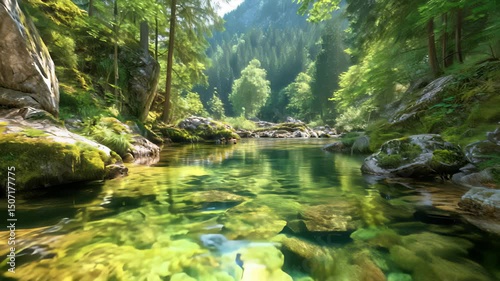 清流が岩と苔に囲まれた森林を流れる山間の自然風景