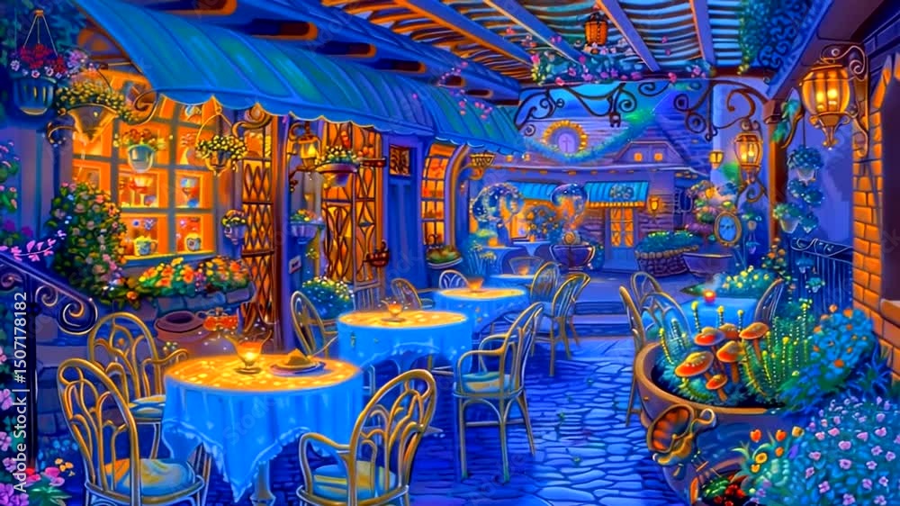 Enchanting evening at a vibrant outdoor café adorned with flowers and glowing lanterns