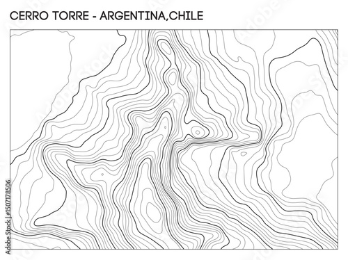 Topographic contour map of Cerro Torre mountain in Patagonia, Argentina and Chile border region.