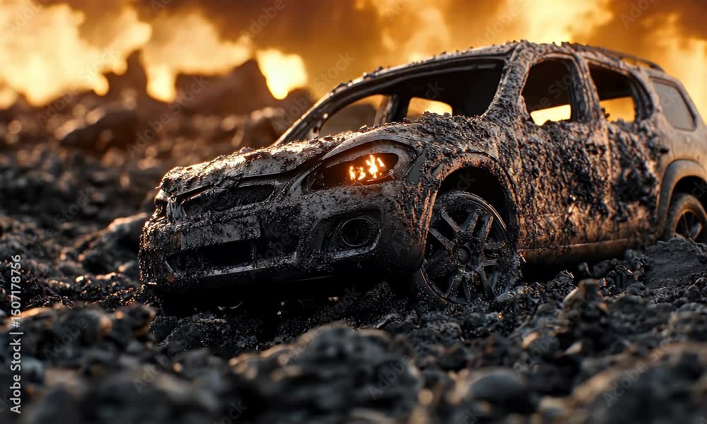 Burned out car wreck in desolate landscape
