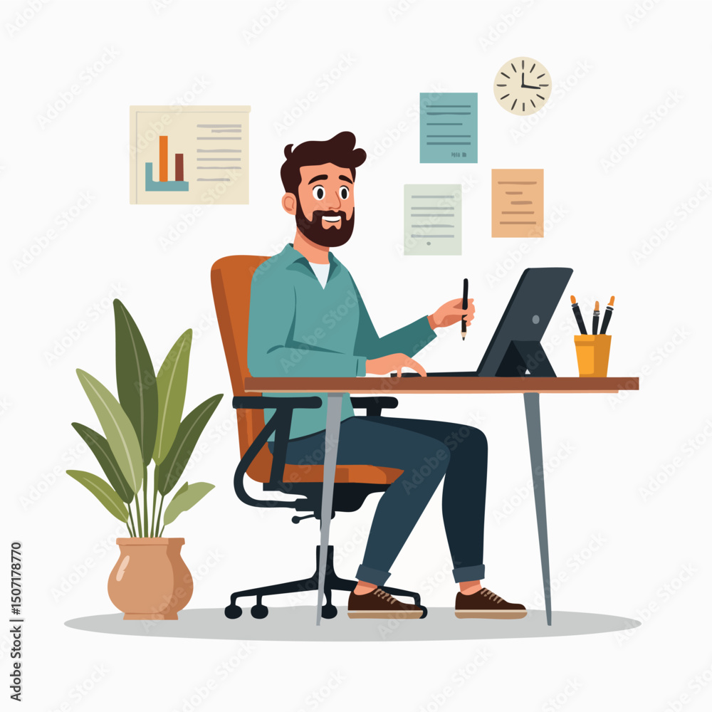 Fototapeta premium Remote Worker Sitting at Desk with Laptop – Productivity Workspace