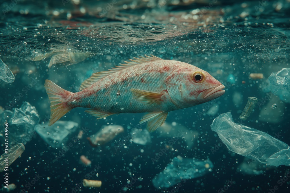 A realistic underwater scene, depicting a fish surrounded by various plastic debris, including bags and fragments, in a dark teal-blue ocean.